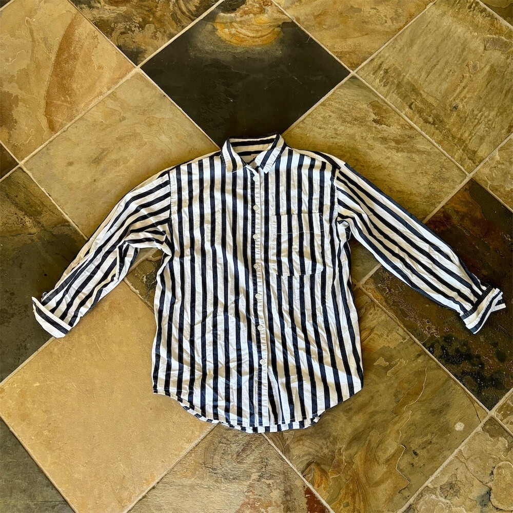A New Day Button-Up Shirt Womens Size S Navy/White Striped Long Sleeve